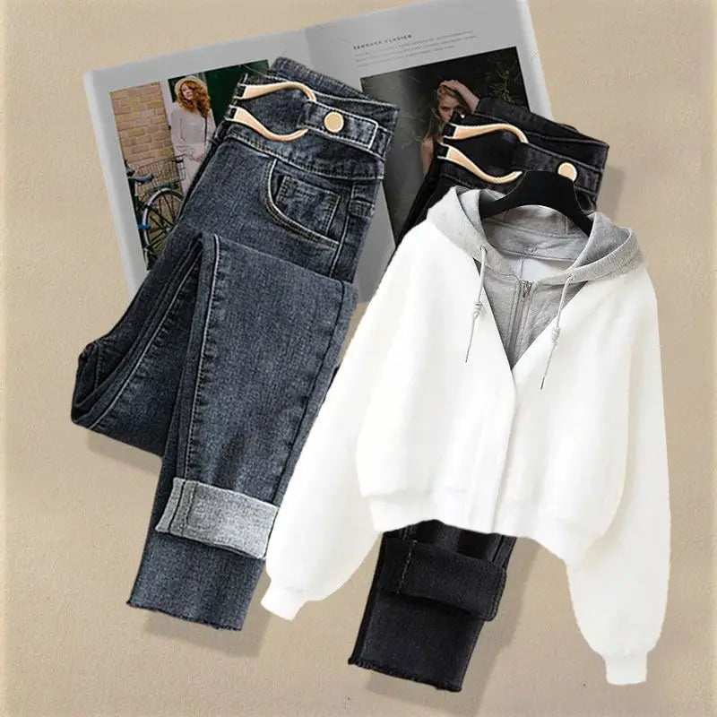 Two Piece Hooded Loose Sweater Slimming Jeans Set - Premium Set from Craftklart Dropship - Just $21.25! Shop now at Craftklart.store