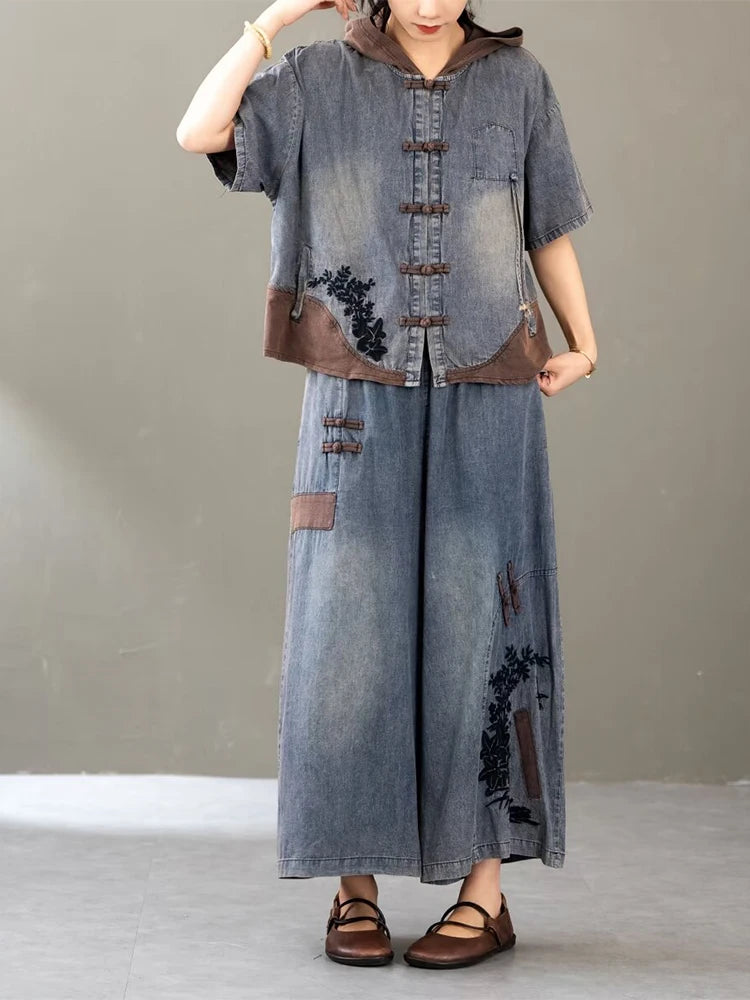 Women's Vintage Loose Denim  Chinese Hooded Jacket & Wide Leg Pants Set - Premium Dress from Craftklart Dropship - Just $53.08! Shop now at Craftklart.store