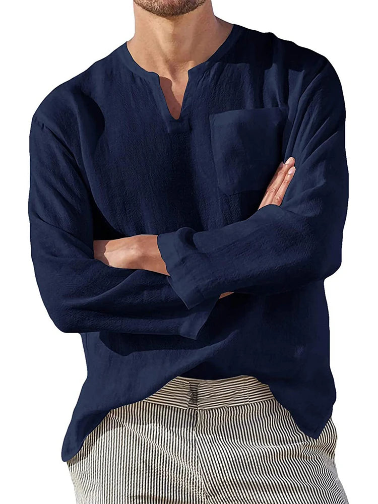 Men's Cotton Linen V-Neck Loose Pullover Tops - Premium Longsleeve Top from Craftklart Dropship - Just $13.89! Shop now at Craftklart.store