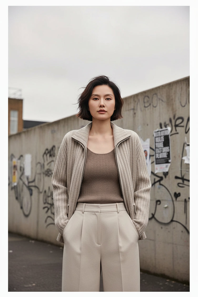 Women’s oversized Craftklart cashmere zip cardigan in heavyweight knit, shown in a cozy, relaxed fit style.