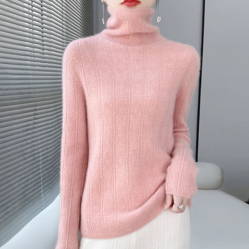 YTFidio 100% Wool Women Three Dimensional Hollow Pile Collar Long Sleeve Sweaters Solid Pullover Knitwear Basic 96 - Craftklart.store