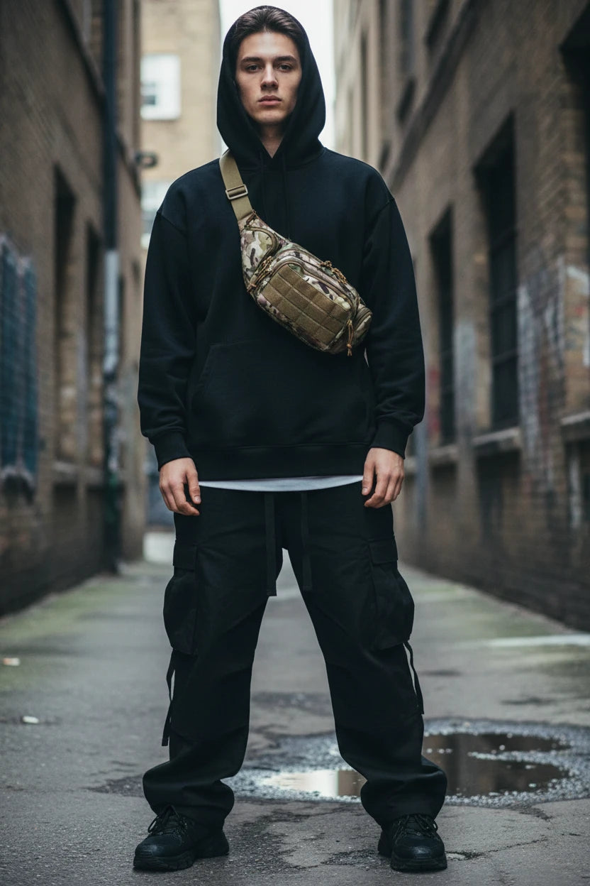 Minimal utility waist bag made of nylon, urban streetwear accessory with adjustable strap and compact storage space.