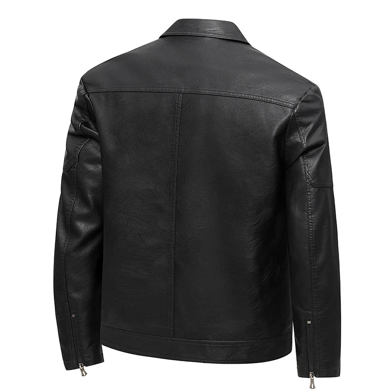 Craftklart slim fit PU leather moto biker jacket with streetwear style, shown on a mannequin in black.