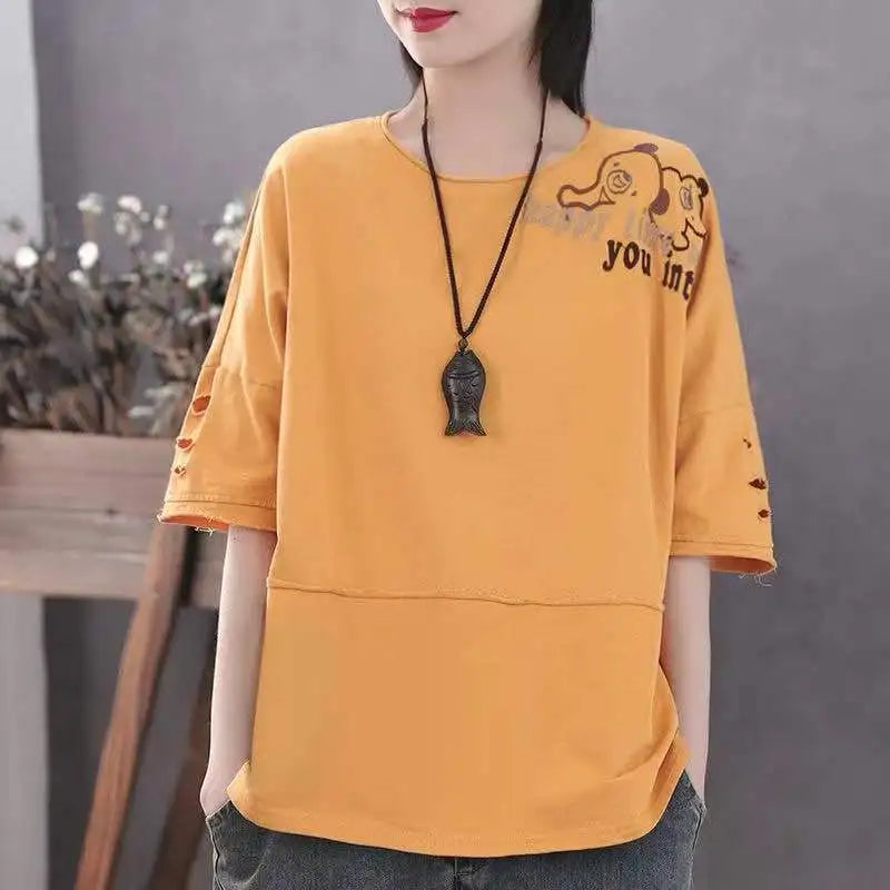 Women's 100% Cotton Large Size Korean Half Sleeved Loose T-shirt - Premium T-Shirt from Craftklart Dropship - Just $17.05! Shop now at Craftklart.store