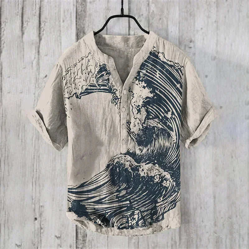 Men's casual linen short sleeve Hawaiian V-neck shirt by Craftklart Dropship, featuring a relaxed fit and tropical print.