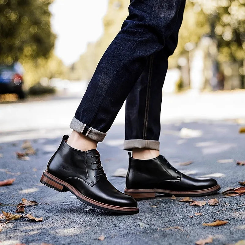 Autumn and winter men's boots, men's shoes, British style high top round toe short boots, genuine leather retro workwear boots