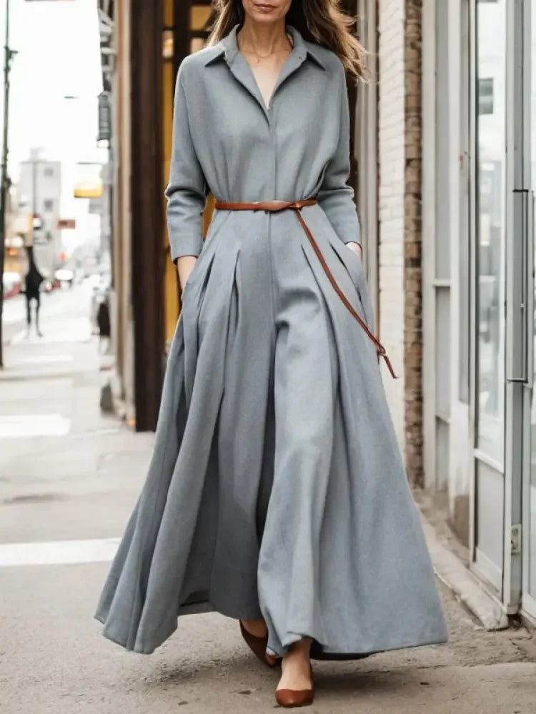 Lemongor British Style Long Sleeves Pleated Lapel Wide Leg Jumpsuits Women 2024 New Spring Autumn Casual Office Grey Jump Suits - Premium All in one from Craftklart Dropship - Just $47.10! Shop now at Craftklart.store