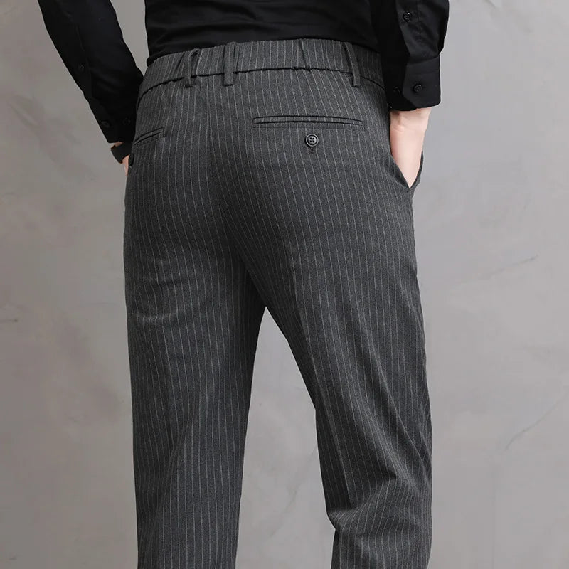 England Stripe Pattern Formal Dress Slim Fit Pants Men Summer Thin Light Gray Black Breathable Korea Skinny Casual Trousers Male - Craftklart.store