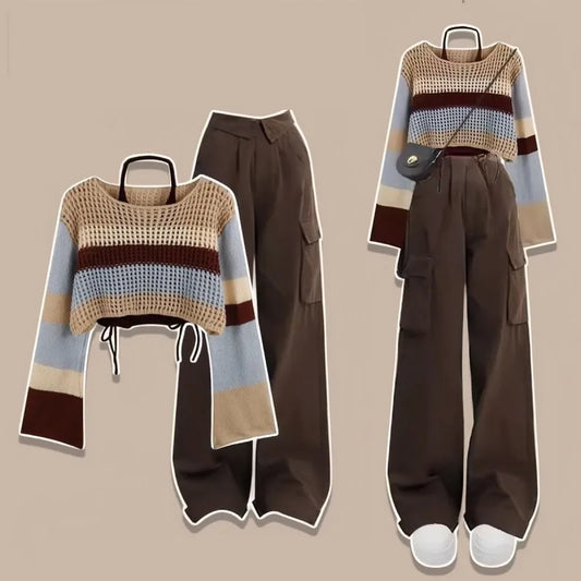 Women's Urban Hollow Stripe Long Sleeved Knitwear+Strap+Cargo Pants Set