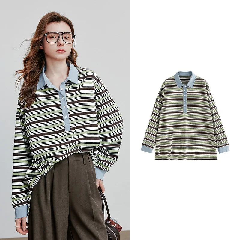 Striped Turn Down Collar Contrasting Casual Pullover Tops