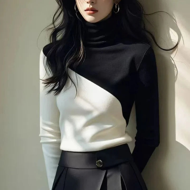 Black White PatchworkUrban Casual Turtleneck Sweater