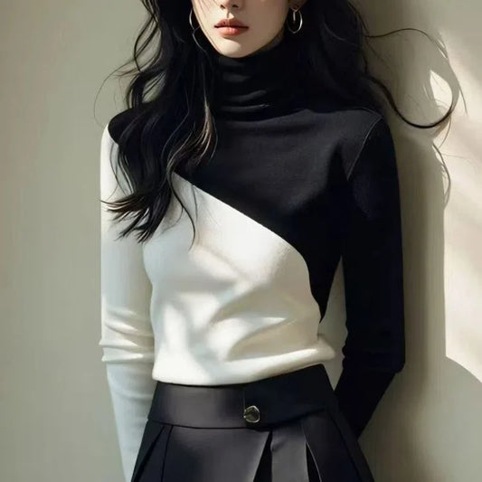 Black White PatchworkUrban Casual Turtleneck Sweater