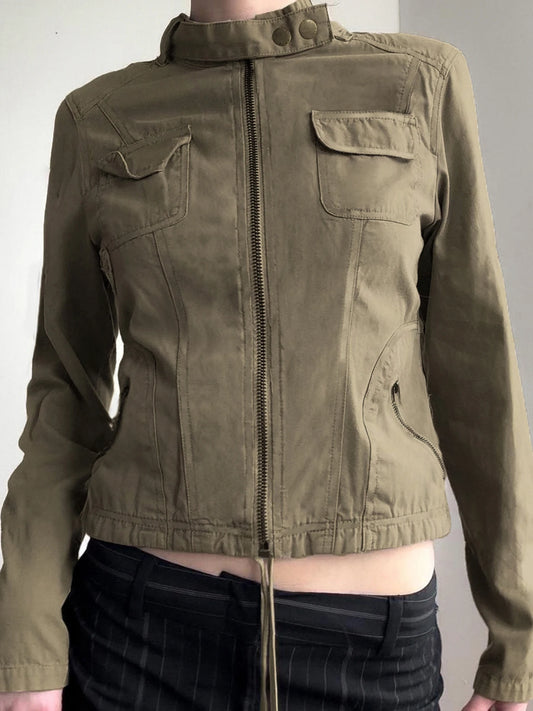 Women Zip Up Stand Collar Cargo Jacket