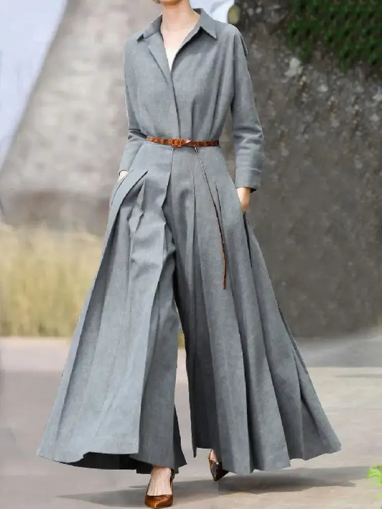 Lemongor British Style Long Sleeves Pleated Lapel Wide Leg Jumpsuits Women 2024 New Spring Autumn Casual Office Grey Jump Suits - Premium All in one from Craftklart Dropship - Just $47.10! Shop now at Craftklart.store