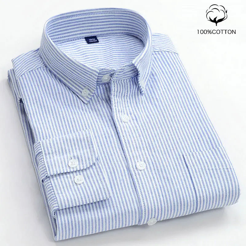 New 100% Cotton Oxford Shirt Men's Long Sleeve Striped Plaid Casual Shirts Korean Clothes High Quality Business Dress Shirt Grey - Premium  from Craftklart.store - Just $14.56! Shop now at Craftklart.store