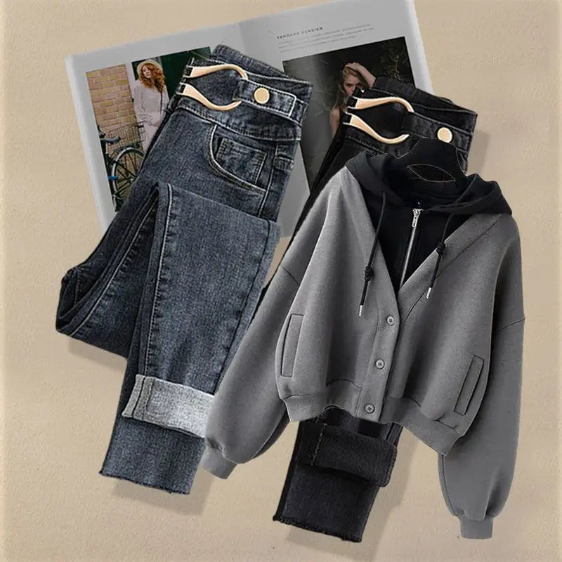 Two Piece Hooded Loose Sweater Slimming Jeans Set - Premium Set from Craftklart Dropship - Just $21.25! Shop now at Craftklart.store