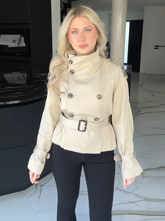 Urban Chic Stand Collar Double Breasted Long Sleeve Short Jacket