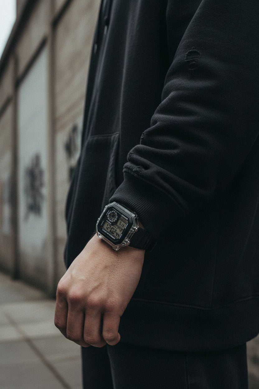Digital sport watch with a black rubber strap and digital display from Craftklart, designed for active wear and outdoor activities.