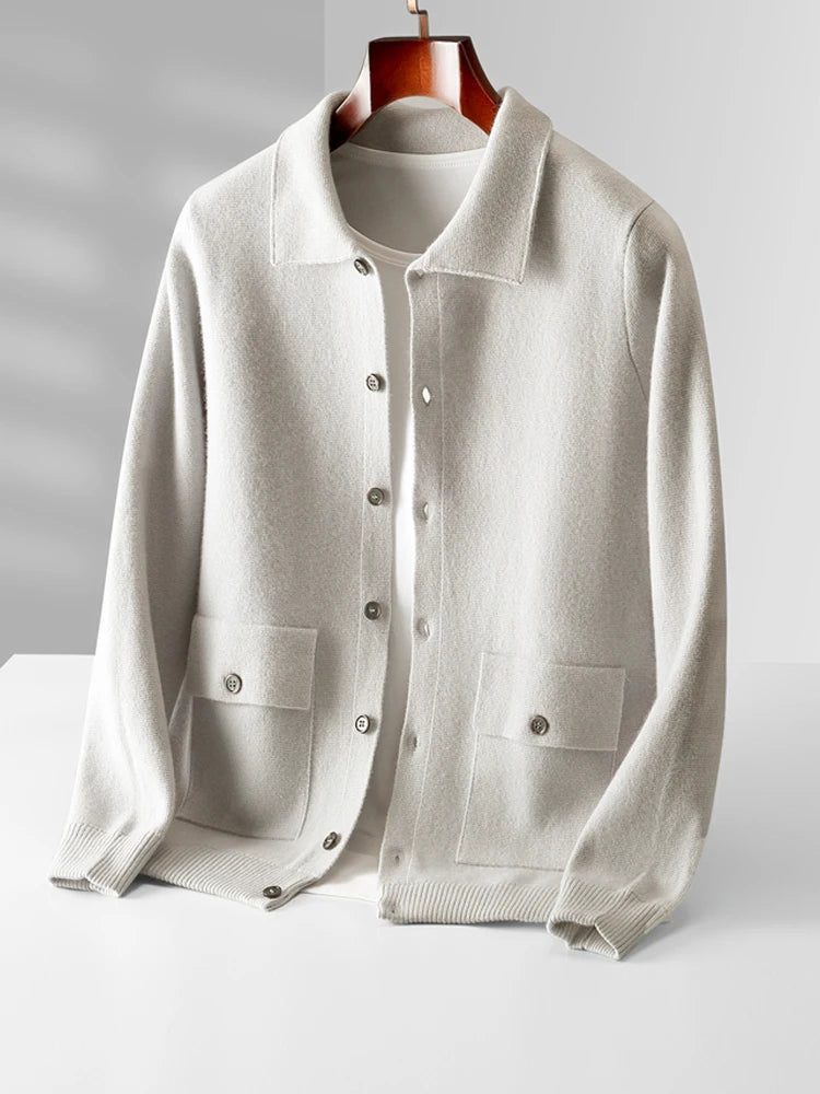 Men's 100% Merino Wool Knitwear Polo Collar Button Pockets Cashmere Cardigan - Premium Cardigan from Craftklart.store - Just $52.14! Shop now at Craftklart.store