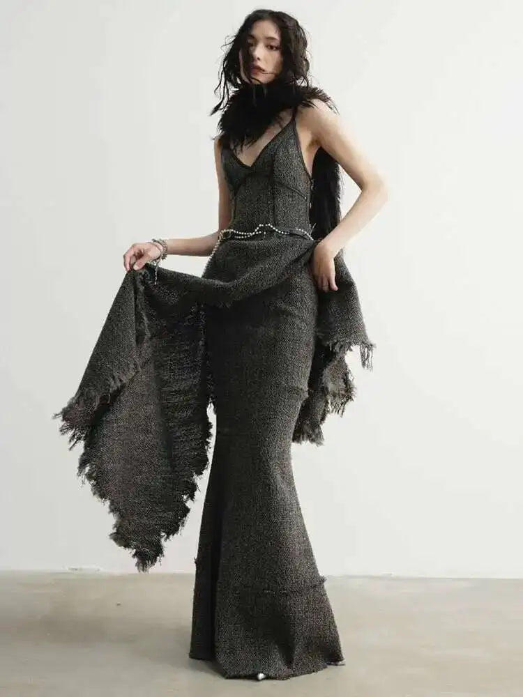 Women 25% Wool Irregular Burr Hem Vintage Long Dress - Craftklart.store