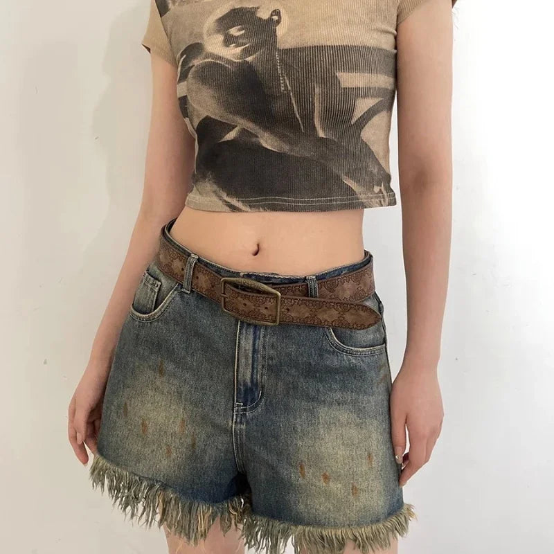 Pattern Print Buckle Pin Waist Belt Female Pu Leather