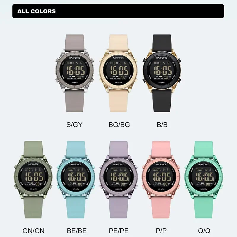 Women's digital sport watch with silicone strap, featuring a sleek display and sporty design by Urban Fashion & Streetwear.