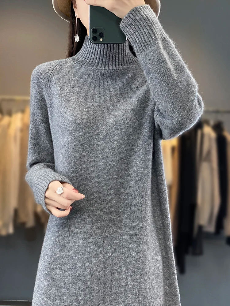 New Women Long Sweater Dress 100% Merino Wool Long Dress Autumn Winter Mock Neck Quality Cashmere Knitwear Basic Grace Dress - Craftklart.store