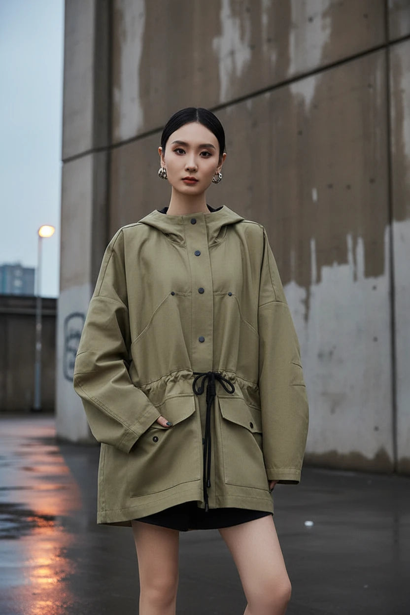 Khaki oversized hooded windbreaker jacket by Urban Fashion & Streetwear, featuring a relaxed fit and adjustable hood.