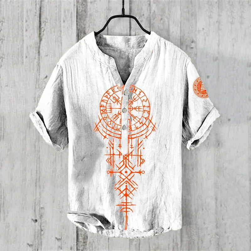 Men's casual Hawaiian linen short sleeve shirt with V-neck, in light fabric, by Craftklart Dropship, displayed on a hanger.