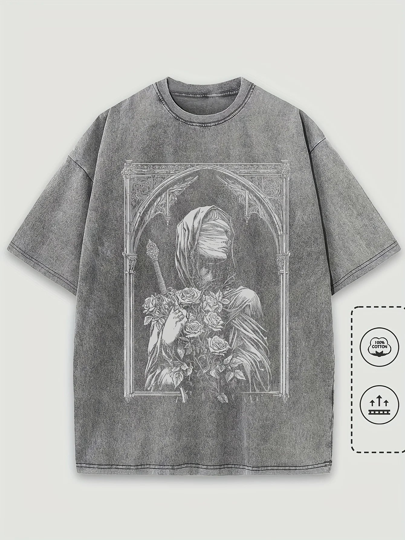Washed T-Shirt 100% Cotton Men's Gothic Architecture Gothic Woman Face Graphic Oversized Streetwear Tee Round Neck Short Sleeve - Craftklart.store