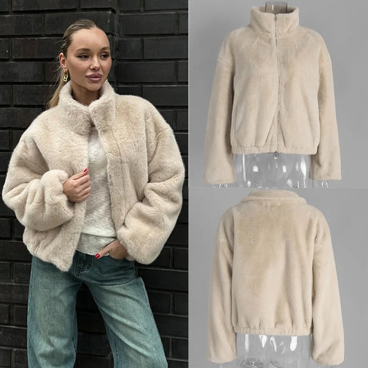 Urban Women Faux Fur Long Sleeve Zipper Jacket