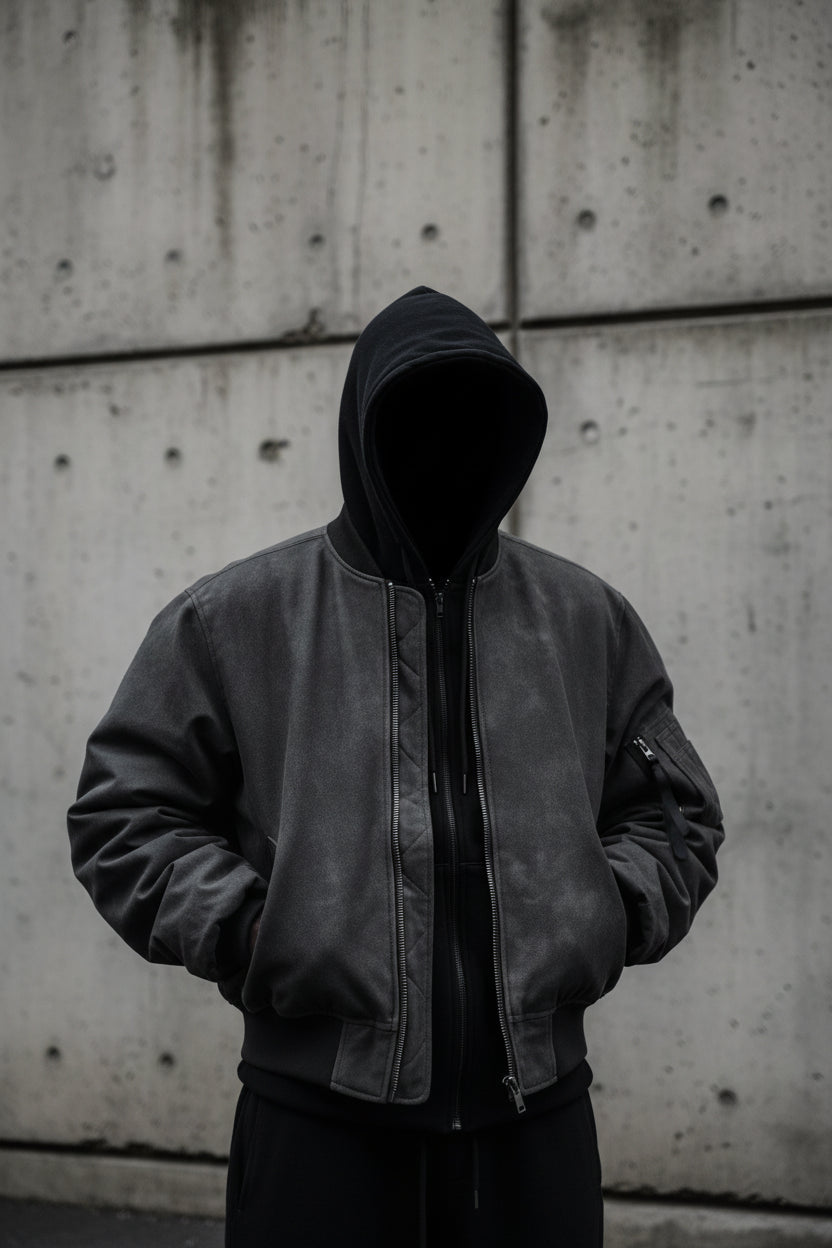 Men's oversized faux suede bomber jacket with hood, urban streetwear coat by Craftklart, featuring a stylish, relaxed fit.