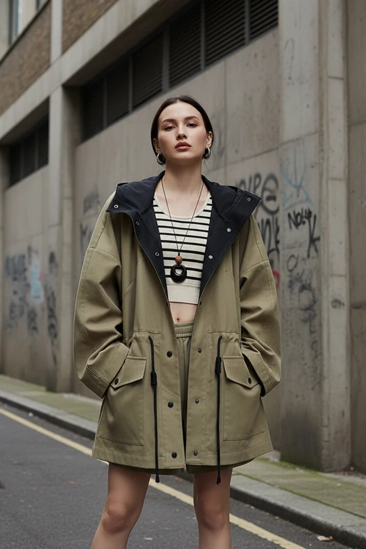 Khaki oversized hooded windbreaker jacket by Urban Fashion & Streetwear, featuring a relaxed fit and adjustable hood.