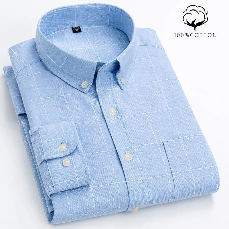 New 100% Cotton Oxford Shirt Men's Long Sleeve Striped Plaid Casual Shirts Korean Clothes High Quality Business Dress Shirt Grey - Premium  from Craftklart.store - Just $14.56! Shop now at Craftklart.store