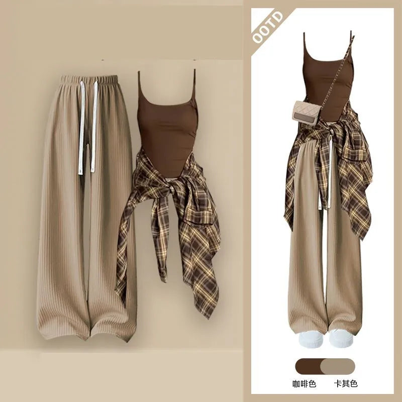 Korean Matching Urban Girl Plaid Shirt+Sling+Sport Pants Set