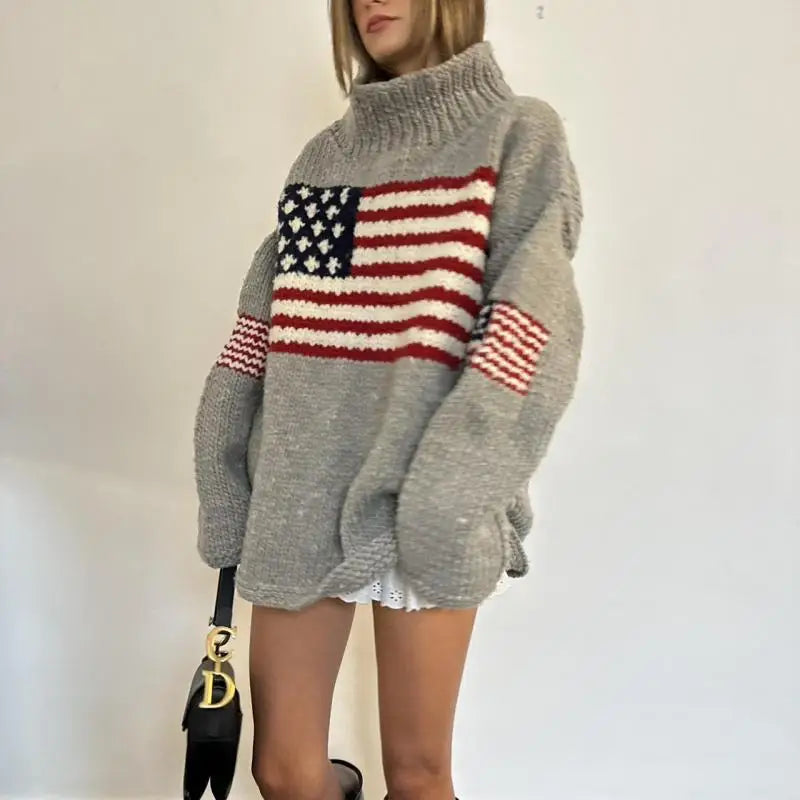 Flag Design Knit Casual Loose Round Neck Sweater