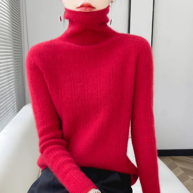 YTFidio 100% Wool Women Three Dimensional Hollow Pile Collar Long Sleeve Sweaters Solid Pullover Knitwear Basic 96 - Craftklart.store