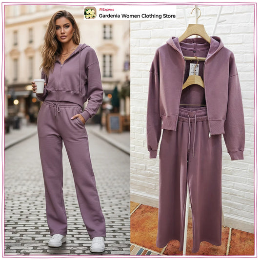 Spring & Autumn Matching Sets for Women Relaxtion Cotton Hoodies Set Cropped Zipper Hoodie + Tonal Straight Leg Drawstring Pants - Craftklart.store