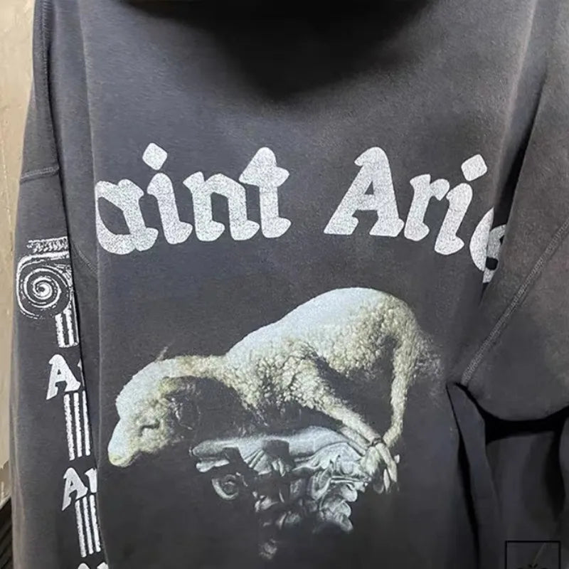 Heavyweight Cotton Black Saint Hoodies Set Hiphop Street Sheep Retro Print Letter Slogan Hoody Casual Pants Men Women Tracksuit