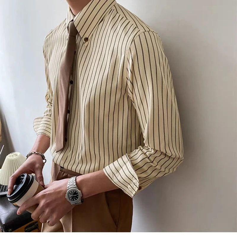 Striped Slim Fit Men's Business Casual Korean Long-sleeved Shirt Top