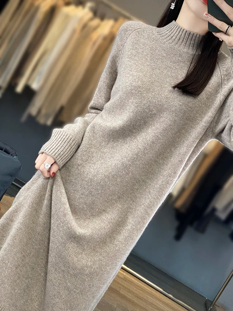 New Women Long Sweater Dress 100% Merino Wool Long Dress Autumn Winter Mock Neck Quality Cashmere Knitwear Basic Grace Dress - Craftklart.store