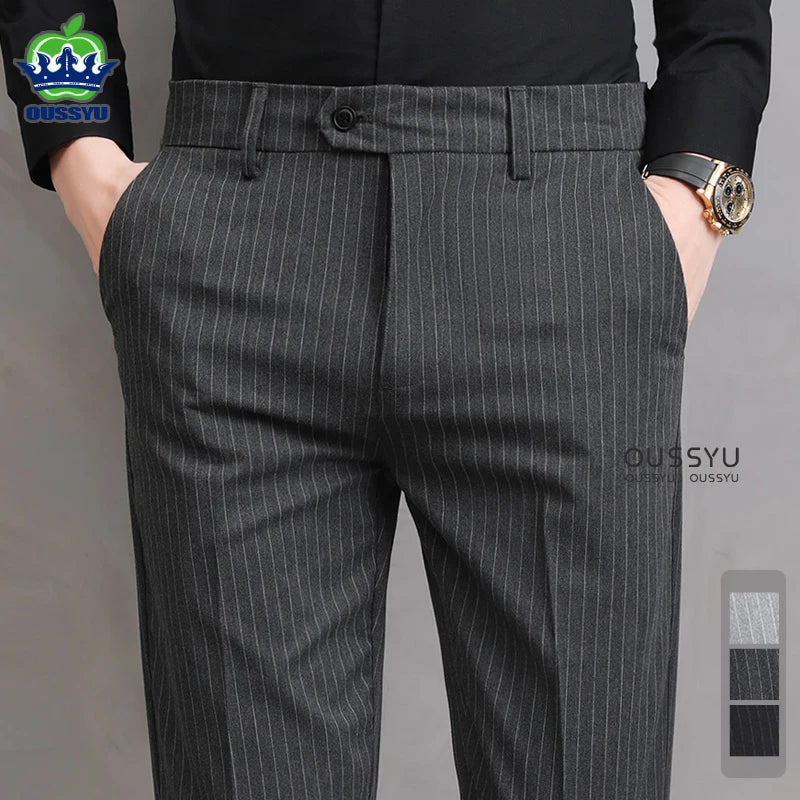 England Stripe Pattern Formal Dress Slim Fit Pants Men Summer Thin Light Gray Black Breathable Korea Skinny Casual Trousers Male - Craftklart.store