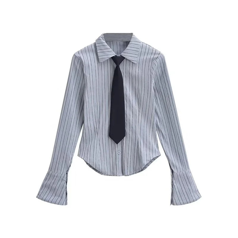 Women's Necktie Decoration Striped Single Breasted Flare sleeve Slim Blouse - Premium shirt from Craftklart Dropship - Just $20.80! Shop now at Craftklart.store