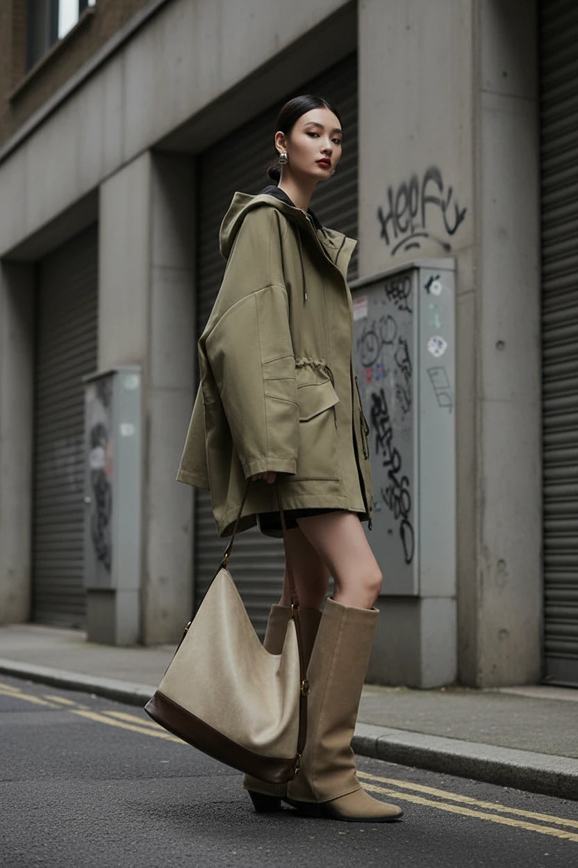 Khaki oversized hooded windbreaker jacket by Urban Fashion & Streetwear Craftklart, featuring a relaxed fit and adjustable hood.