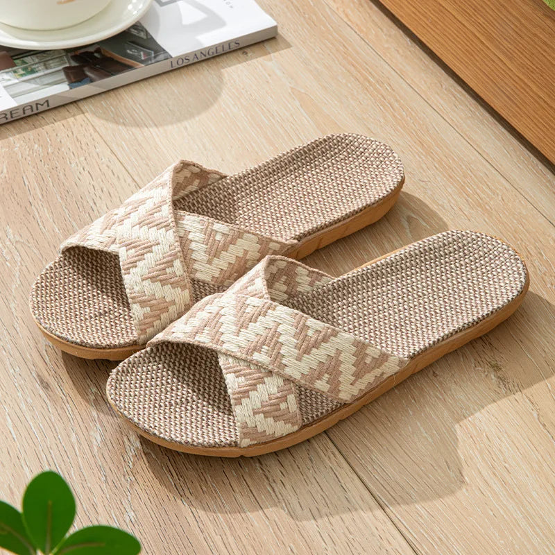 Women's linen indoor slippers by Slip On, anti-slip flat mule slides in three colors, featuring a comfortable slip-on design.
