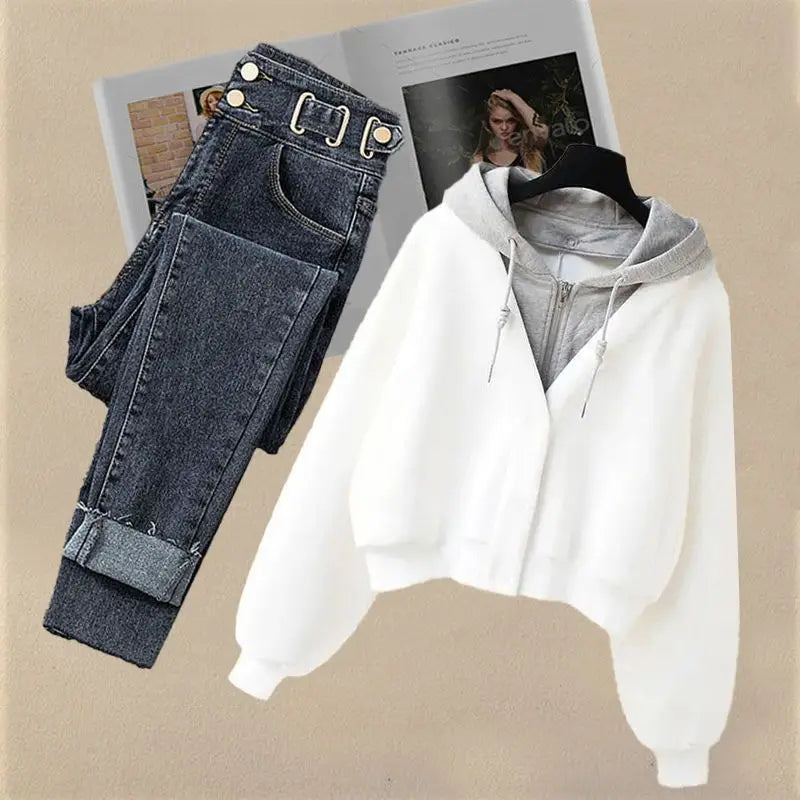 Two Piece Hooded Loose Sweater Slimming Jeans Set - Premium Set from Craftklart Dropship - Just $21.25! Shop now at Craftklart.store