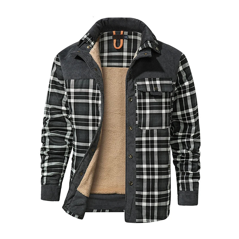 Cotton Plaid Jacket Autumn Men Casual Multi-Pockets Coat