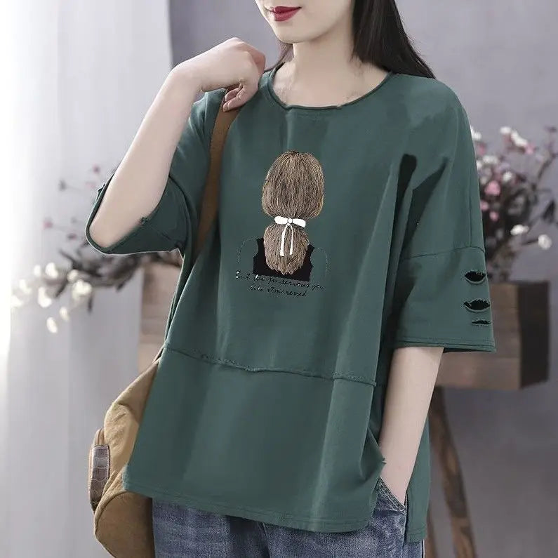 Women's 100% Cotton Large Size Korean Half Sleeved Loose T-shirt - Premium T-Shirt from Craftklart Dropship - Just $17.05! Shop now at Craftklart.store