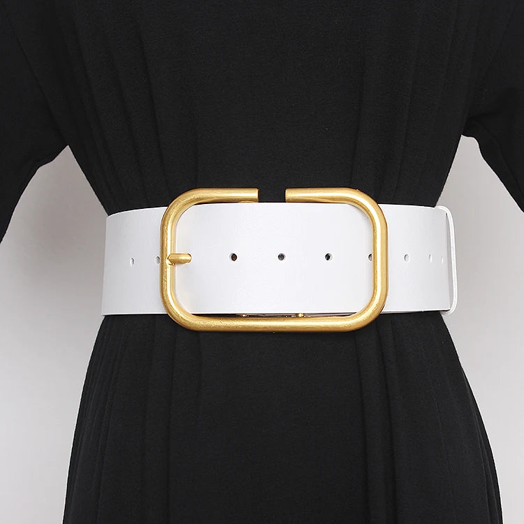 Real Leather Wide Belt For Women Gold Square Buckle Pin Waistband for Coat Dress - Premium Belt from Craftklart Dropship - Just $29.18! Shop now at Craftklart.store