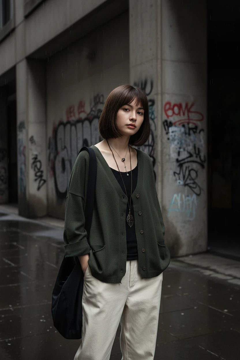 Loose Knit Cardigan — V-Neck, Button Front